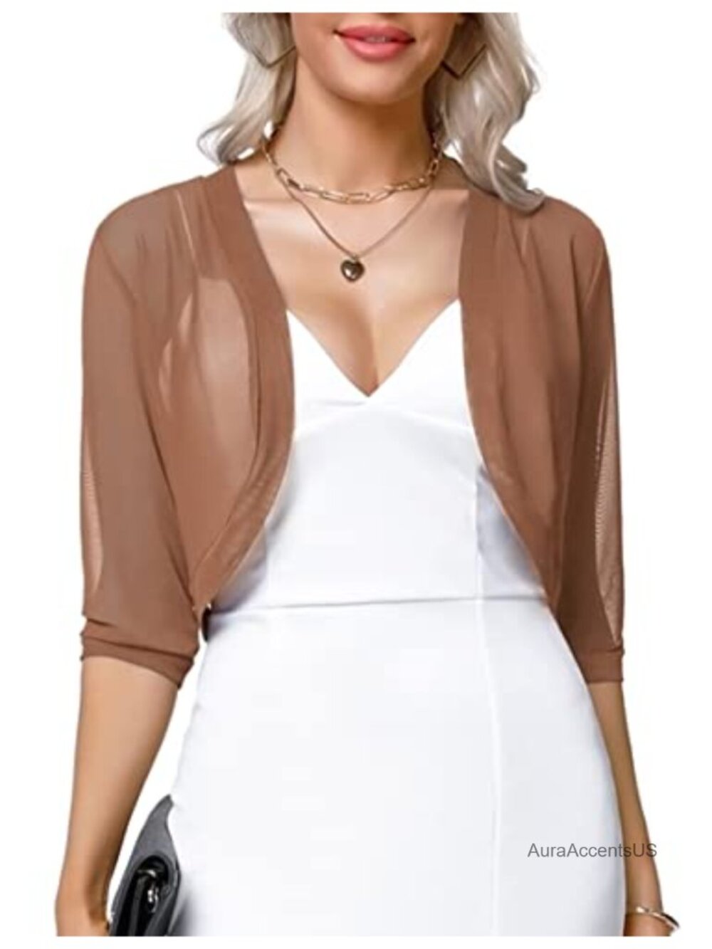 Women's 3/4 Sleeve Sheer Shrug Open Front Mesh Bolero Cropped Cardigan S-XXL